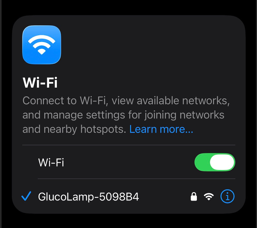 Impostazioni Wi-Fi del telefono: rete GlucoLamp-XXXX visibile