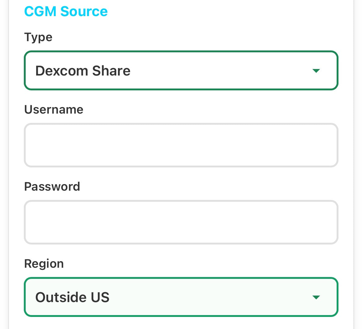 Portale di configurazione: credenziali Dexcom e regione compilate