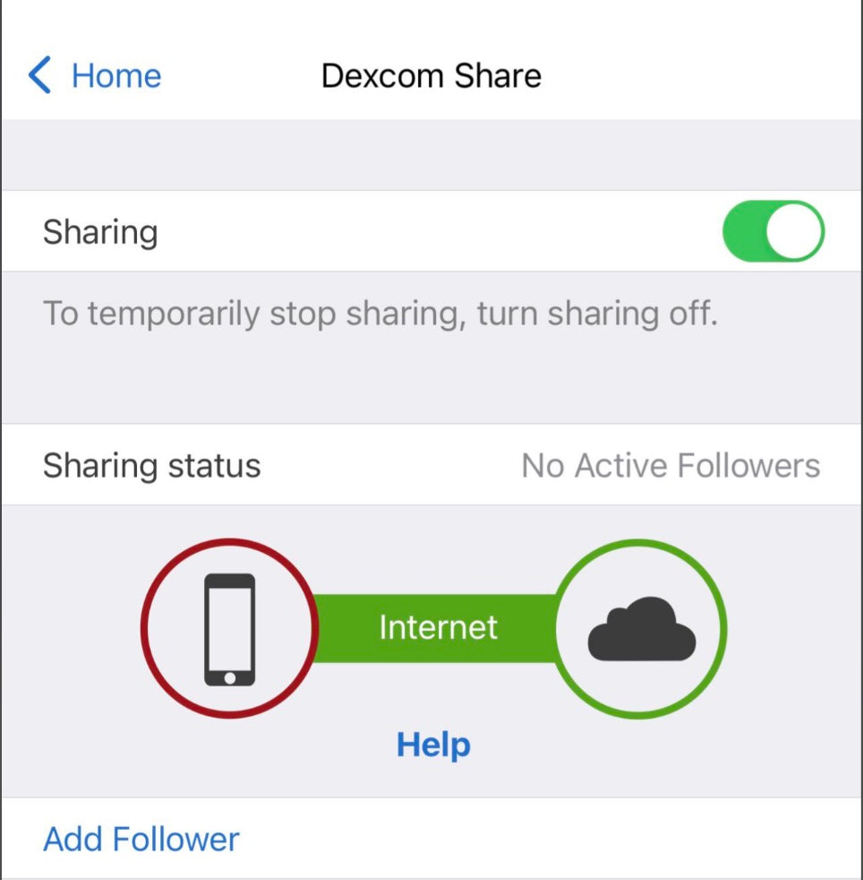 Dexcom &rarr; Impostazioni &rarr; Condividi: attivato, follower aggiunto